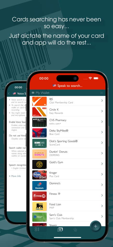 iPhone-Bildschirm zeigt eine Liste digitaler Treuekarten mit aktivierter Sprachsuchfunktion für freihändige Navigation.