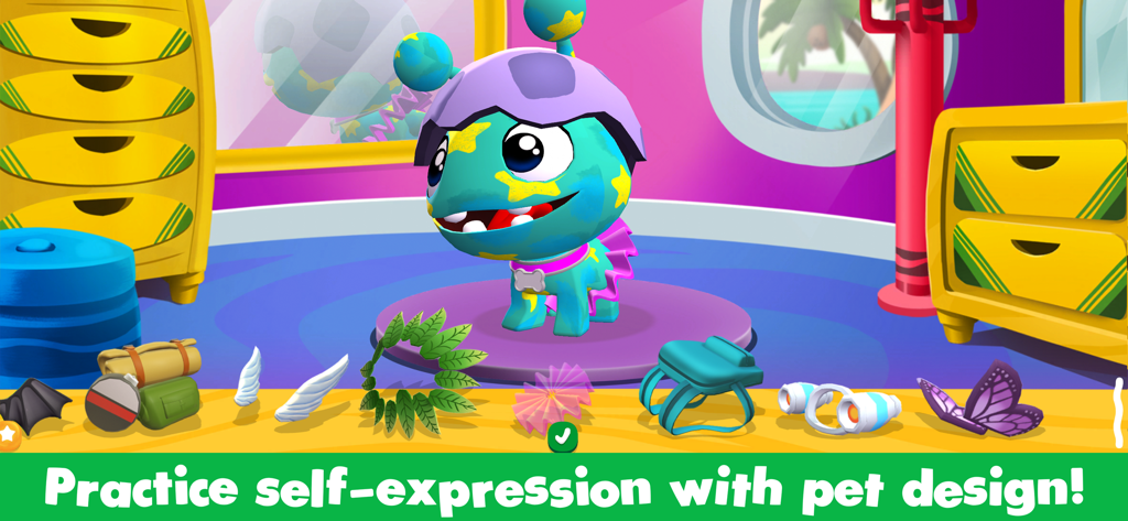 A colorful blue creature being customized with wings and hats in the Crayola Create and Play app