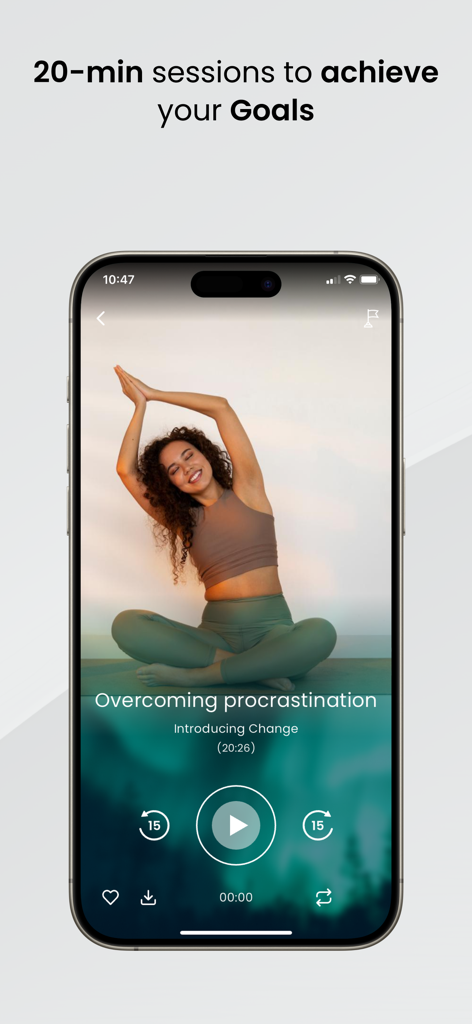 Écran de l'application Hypnozio montrant une séance audio de changement d'état d'esprit de 20 minutes pour surmonter la procrastination avec une femme en pose de yoga.