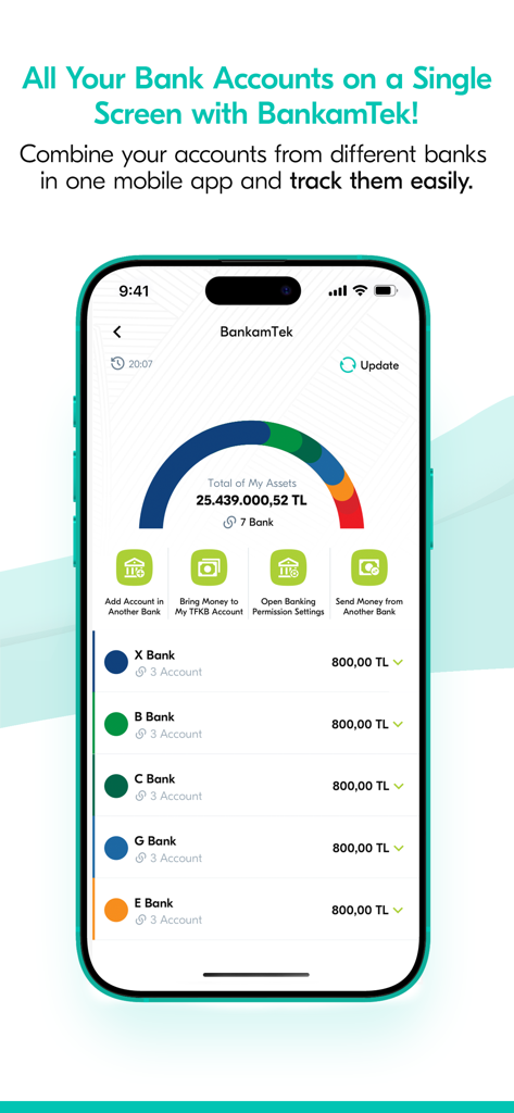 Bildschirm der mobilen App mit der BankamTek-Funktion zur Verfolgung und Verwaltung von Konten mehrerer Banken an einem Ort