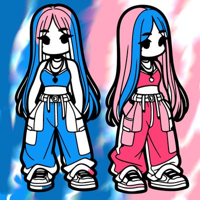 girl in baggy pants crop top and long hair