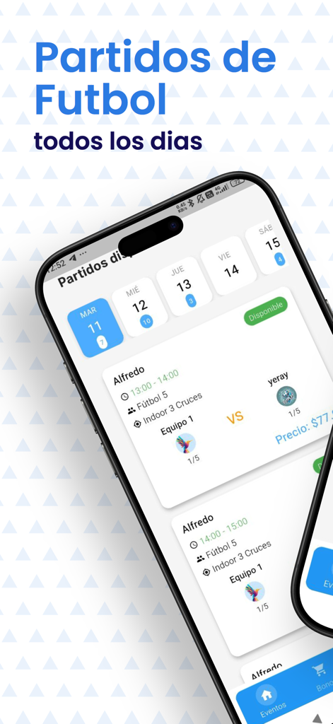 Smartphone displaying the FUTPLAY app schedule for daily soccer matches.