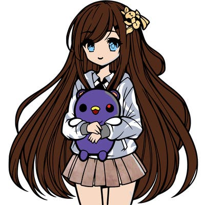 a girl with long hair holding a plushie also anime styled