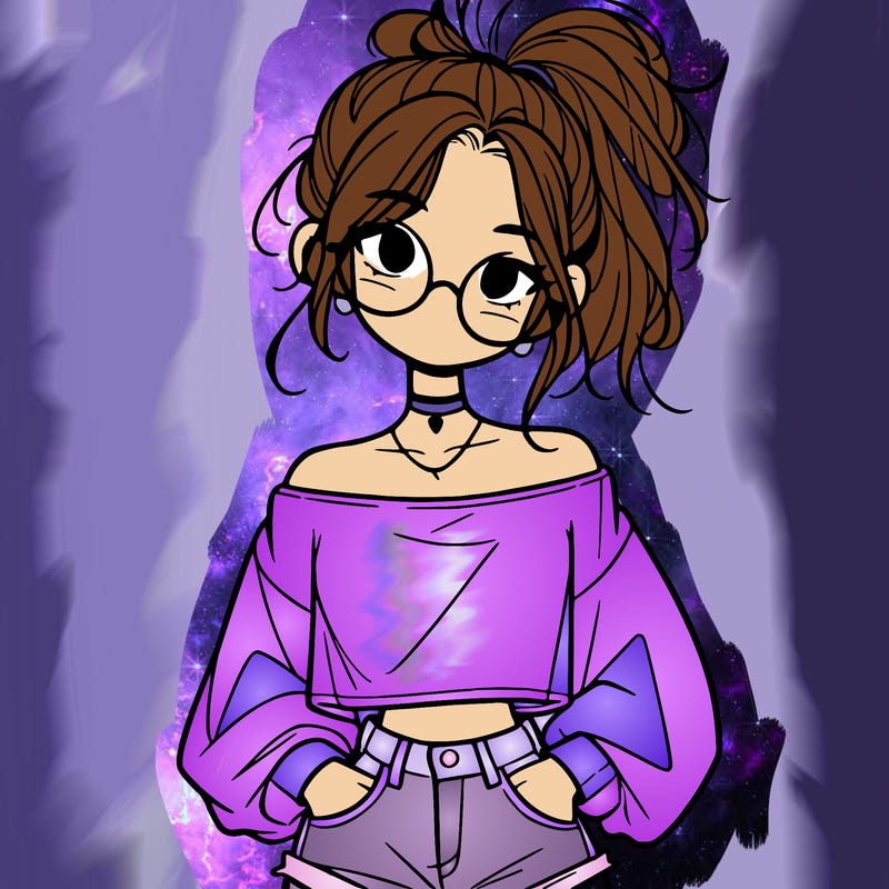 girl with a messy ponytail glasses a baggy crop top and jean shorts