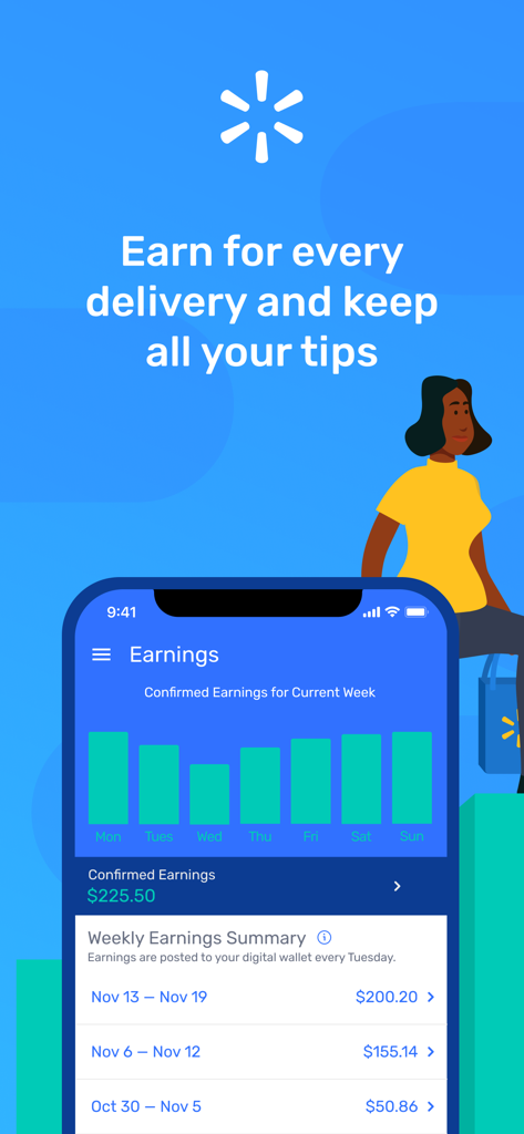 Spark Driver app screen showing a weekly earnings dashboard and delivery income chart