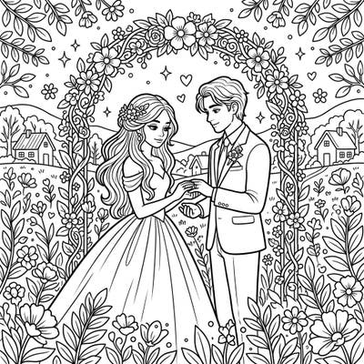 Step into a dreamy world with this beautiful wedding coloring page, featuring a bride and groom celebrating their love amidst a rustic cottagecore landscape. Delight in coloring every detail of their special day, surrounded by nature's charm.