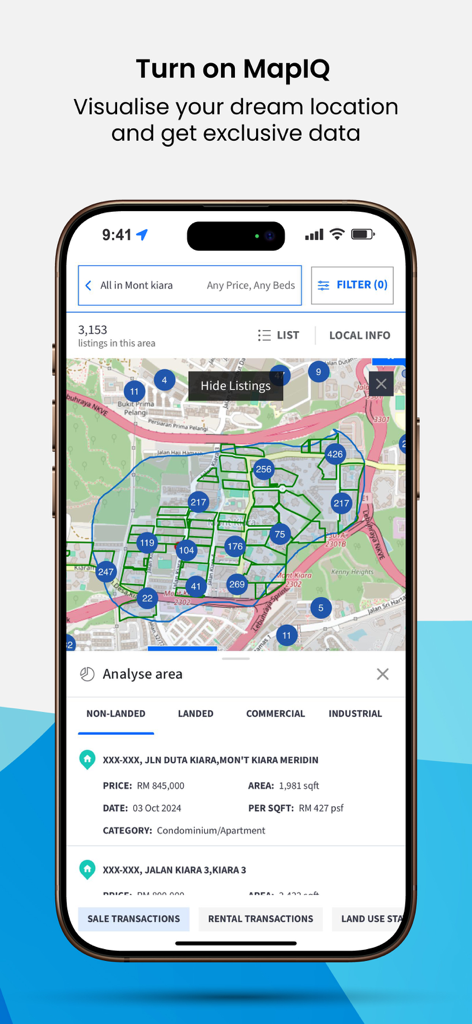 EdgeProp Malaysia - EdgeProp Malaysia app interface displaying the MapIQ feature for interactive property searching and location data analysis.