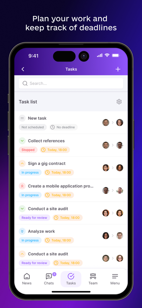 Uspacy mobile app task list showing project status and deadlines for team collaboration