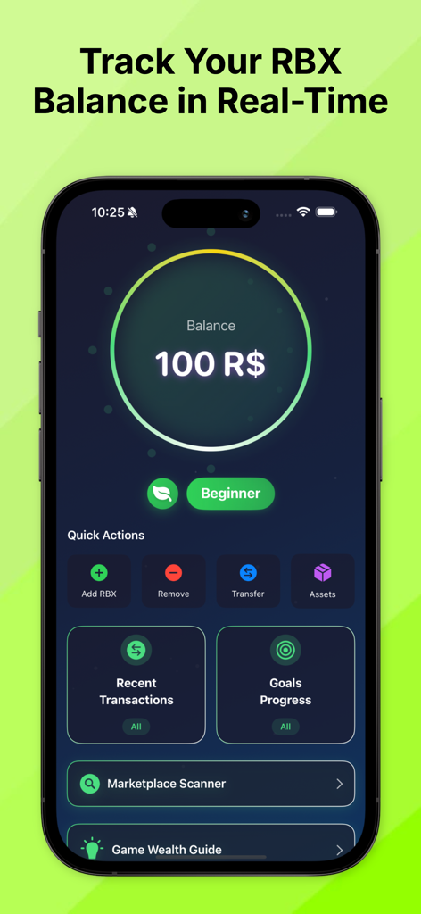 Robux Wallet For Roblox - Dashboard der mobilen App, das einen aktuellen Saldo von 100 Robux mit Schnellaktionsschaltflächen zur Verfolgung von Transaktionen und Zielen anzeigt