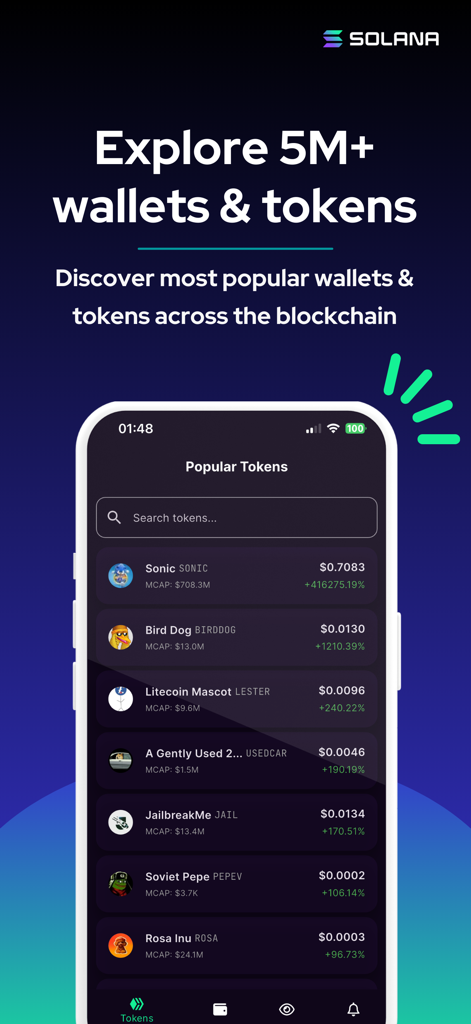 Solana Wallet Tracker app showing a list of popular tokens with prices and market caps