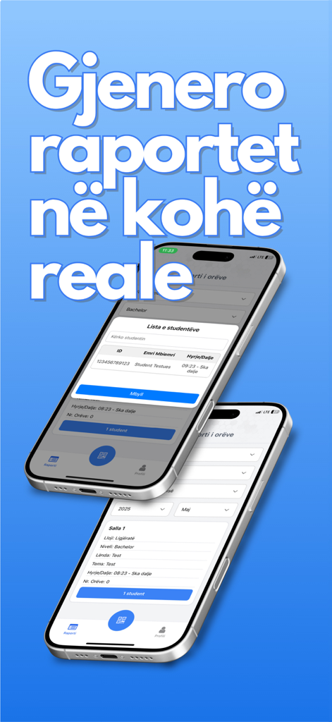 eVijueshmeria - Interfaz de la aplicación móvil eVijueshmeria que muestra la generación de informes de asistencia en tiempo real en dos iPhones