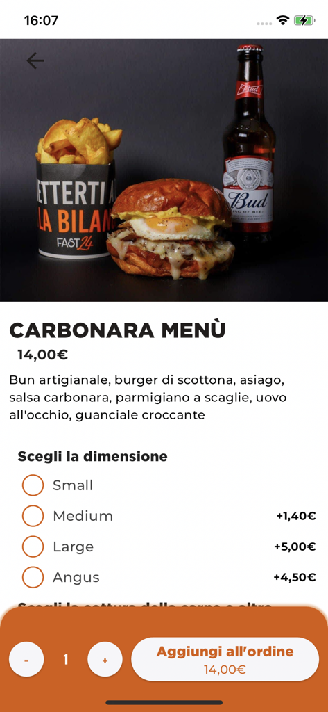 Fast24 - Mobile app screen showing a Carbonara burger menu selection with fries and a beer