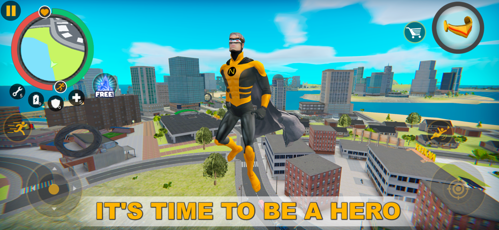 Naxeex Superhero - Un superhéroe con un traje amarillo y negro volando sobre un paisaje urbano de mundo abierto en Naxeex Superhero