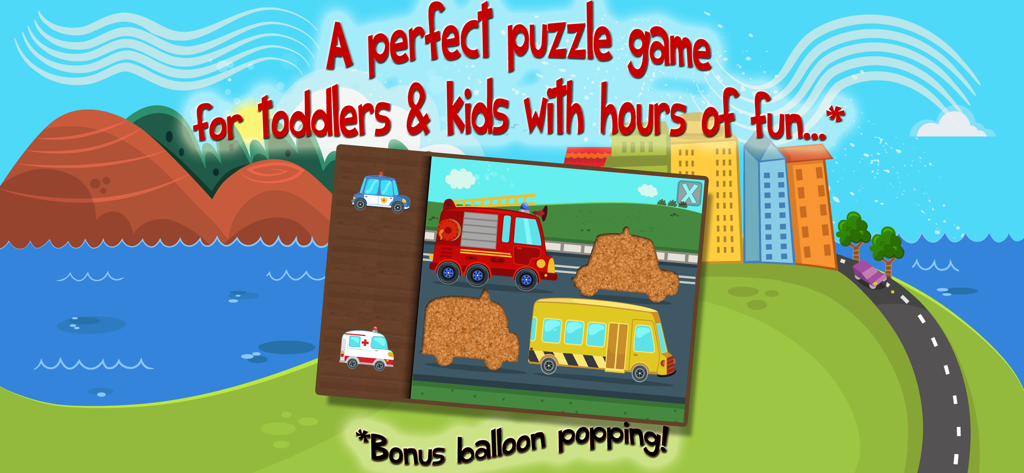Car Puzzle for Kids - Un colorido juego de rompecabezas de coches para niños pequeños con un camión de bomberos y un autobús escolar