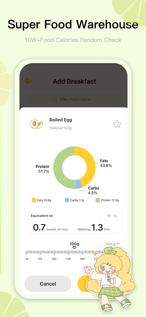 삶은 계란의 아침 식사 추적, 영양 거시적 분석 및 귀여운 캐릭터 마스코트가 포함된 LemonFast 앱 인터페이스