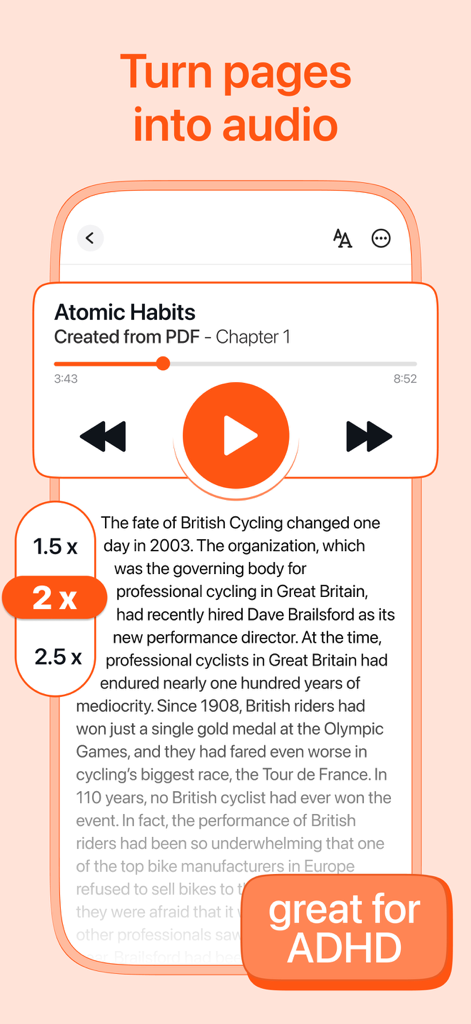 Listen AI app interface converting PDF text to audio with 2x speed adjustment and ADHD accessibility badge