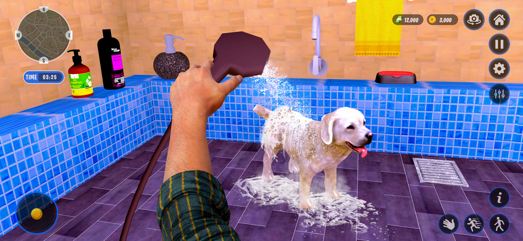 Animal Shelter Pet Dog Rescue - Vista in prima persona del lavaggio di un cane nel gioco simulatore Animal Shelter Pet Dog Rescue