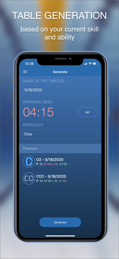 STAmina Apnea Trainer - STAmina Apnea Trainer app screen showing the generation of personalized O2 and CO2 tables based on user skill level