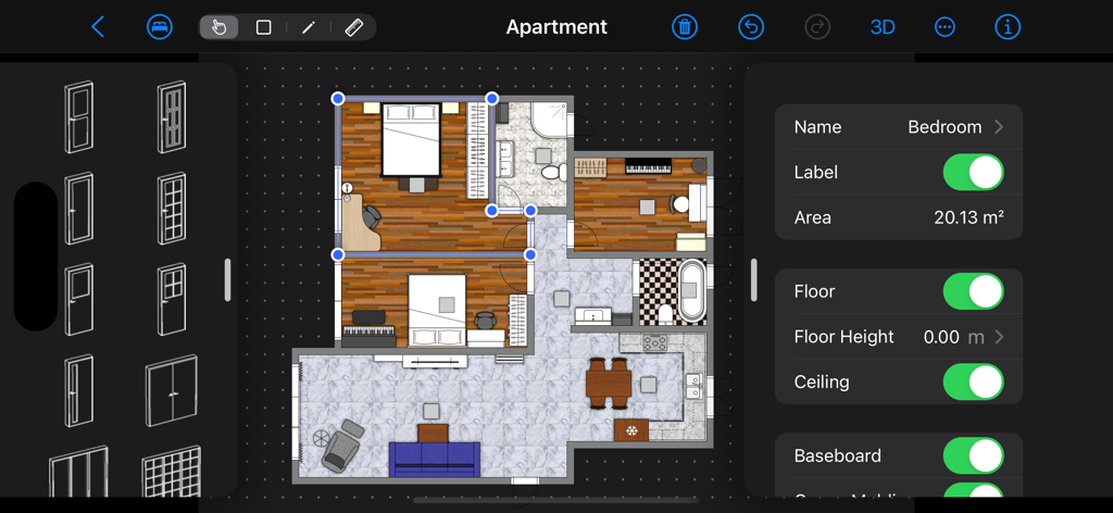 Diseño de plano de planta en 2D en la aplicación House Designer que muestra el área del dormitorio y las herramientas de diseño