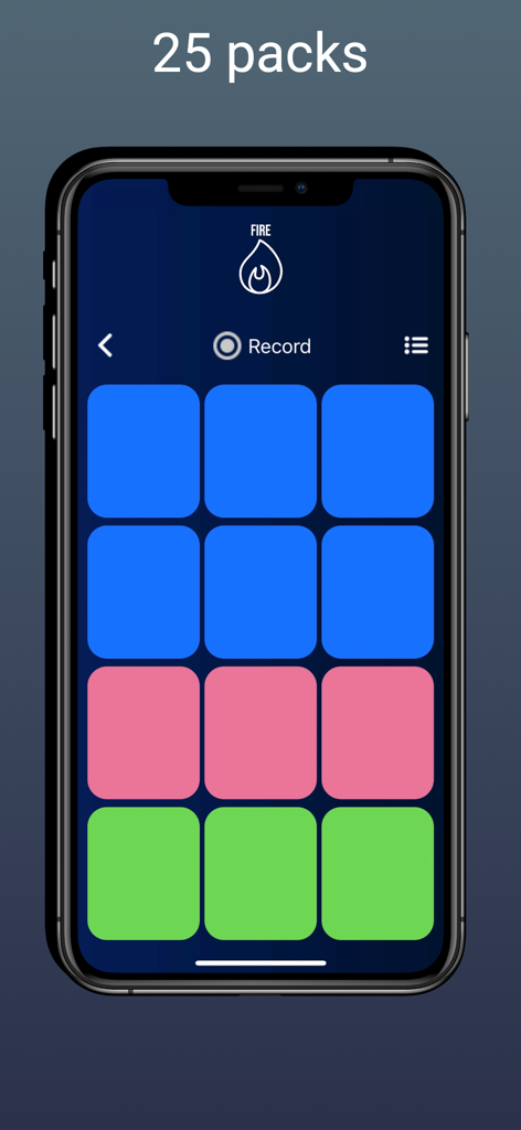 DJ Jam Producer - Groove pad - Interfaz de la aplicación DJ Jam Producer mostrando un groove pad de 12 pads con botones coloridos y una función de grabación