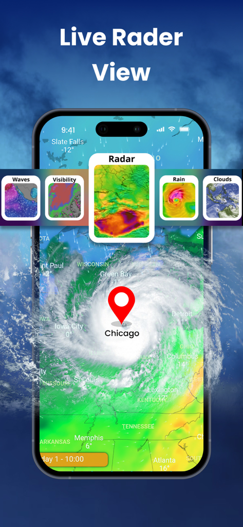 Un smartphone mostrando una vista de radar meteorológico en vivo de una tormenta sobre Chicago con superposiciones de datos de nubes de lluvia y visibilidad.