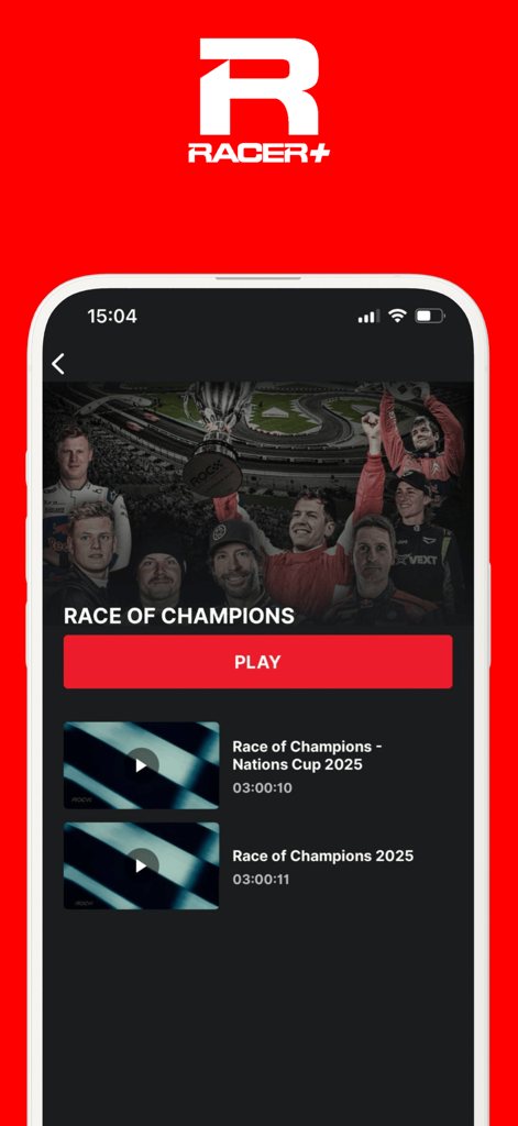 RACER plus Mobile-App-Oberfläche, die die Race of Champions-Serienseite mit einer Play-Schaltfläche und Video-Episoden anzeigt
