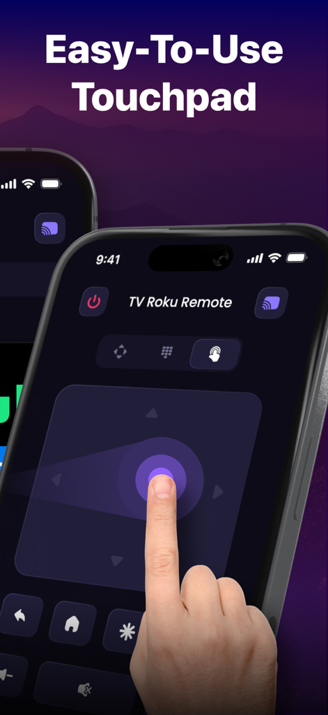 Roku TV Remote Control・ - A smartphone displaying a large digital touchpad for navigating a Roku TV.