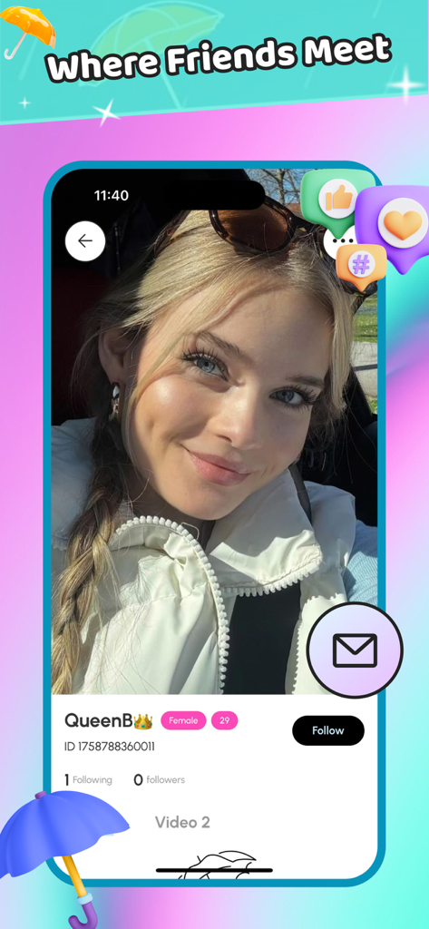 Faniy-Umbrella Making Chat - Interfaz de perfil de usuario en la aplicación Faniy con la foto de una mujer y decoraciones de paraguas