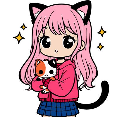 a girl with cat ears and tail holding a kitten