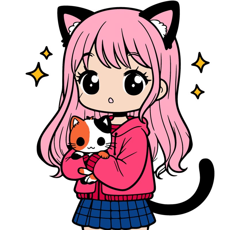 a girl with cat ears and tail holding a kitten