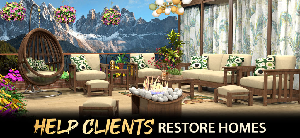 My Home Design Luxury Makeover - A luxurious outdoor patio with modern wooden furniture and a fire pit overlooking snow-capped mountains.