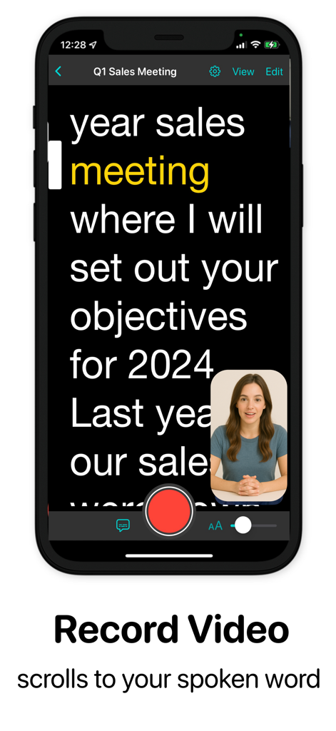 Autoprompt AI Teleprompter - Interface de l'application Autoprompt AI enregistrant une vidéo avec défilement de script activé par la voix.