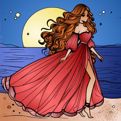 beautiful woman with a vaporous long dress walking on the beach at the noon, detailed art