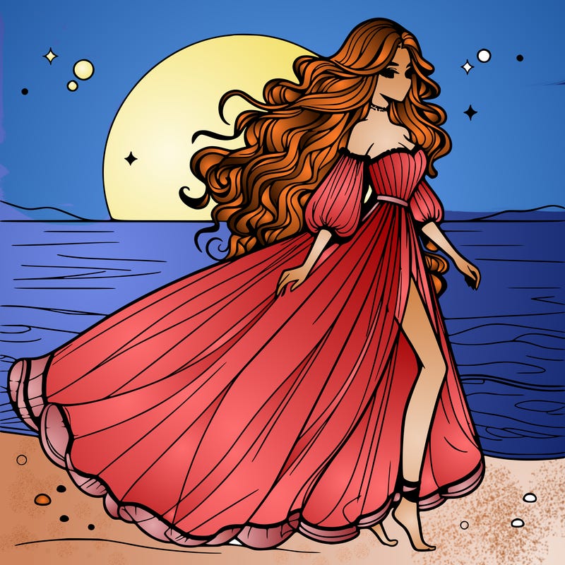 beautiful woman with a vaporous long dress walking on the beach at the noon, detailed art