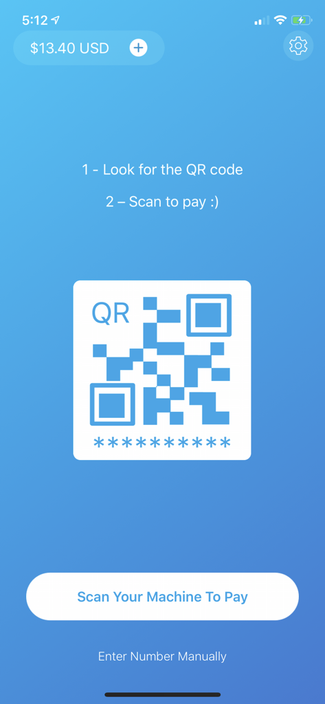 Interface do aplicativo ShinePay mostrando a tela de escaneamento para pagamento com um código QR e instruções para pagamentos de lavanderia ou carregamento de veículo elétrico