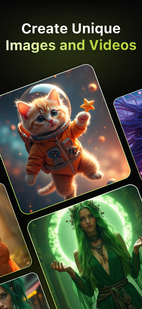 Motion : AI Video Generator - A gallery of AI-generated images including an astronaut kitten and a fantasy woman with green hair