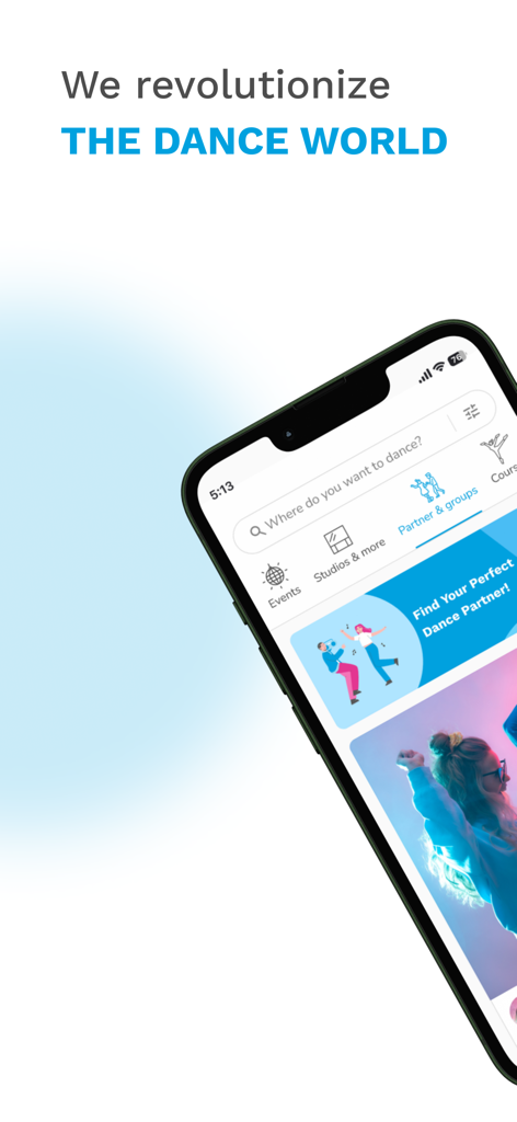 Schermata principale dell'app Danceflavors con funzioni di ricerca di partner di ballo ed eventi
