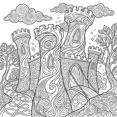 Explore an extraordinary world with this psychedelic castle towers coloring page, where medieval architecture meets surreal design. Dive into intricate patterns and flowing organic shapes, perfect for a captivating artistic escape.