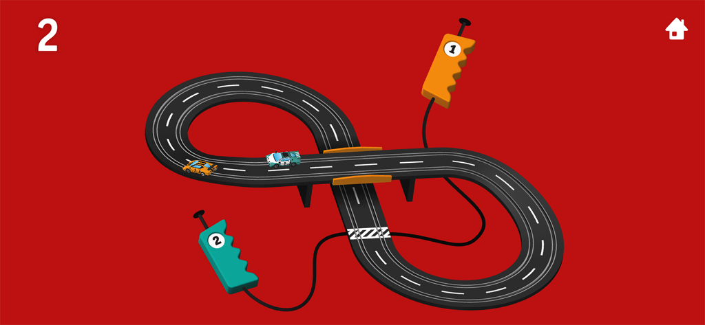 TallyTots Counting 123 Game - Two toy cars racing on a figure-eight track with controllers to teach the number two