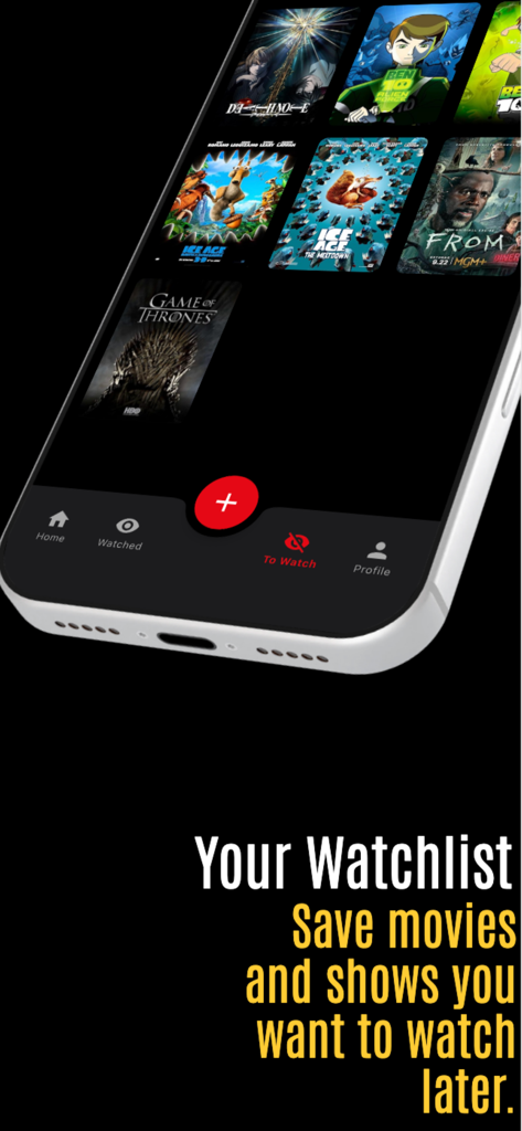 Movie & Series List - iPhone screen displaying the Movie and Series List app with a grid of movie and show posters in the watchlist section