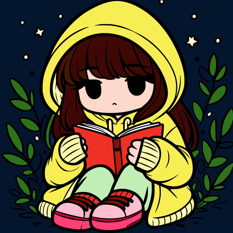 girl in oversized hoodie reading a book