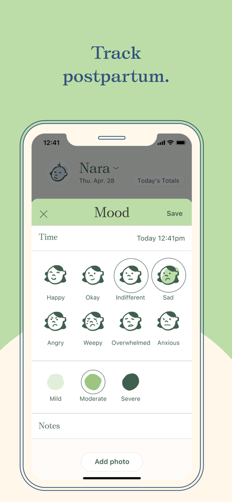 A mobile screen from the Nara Baby app showing a postpartum mood tracker with various emotion icons