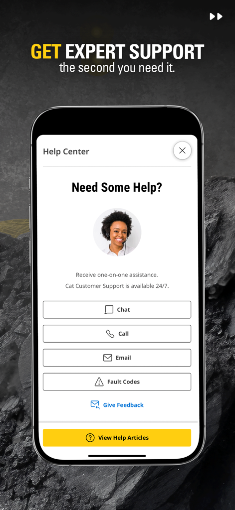 Cat® Central - Interface du centre d'aide de l'application Cat Central avec des options de support 24h/24 et 7j/7