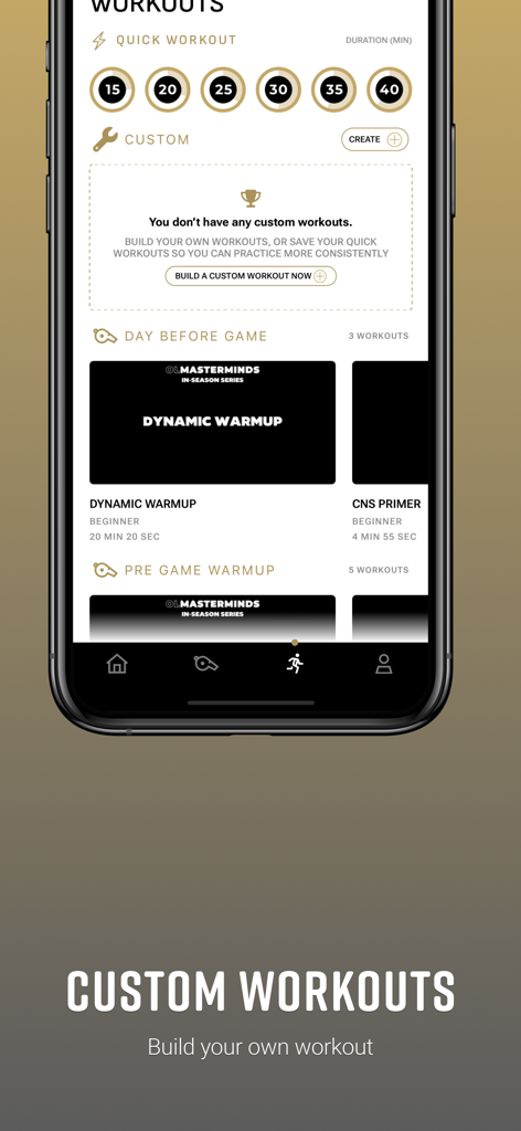 OL Masterminds - OL Masterminds mobile app screen for creating custom offensive line workouts and warmups.