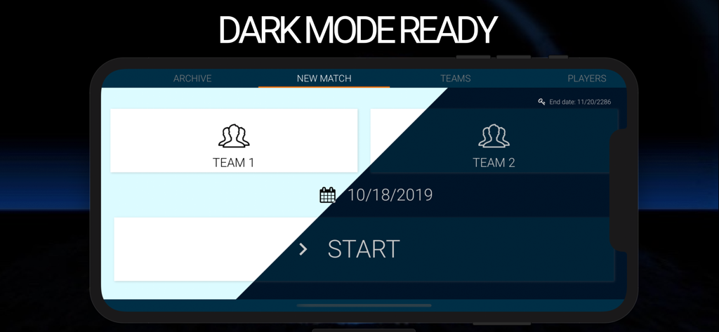 NS Volley Scout PRO - NS Volley Scout PRO interface showing the new match setup screen in light and dark mode