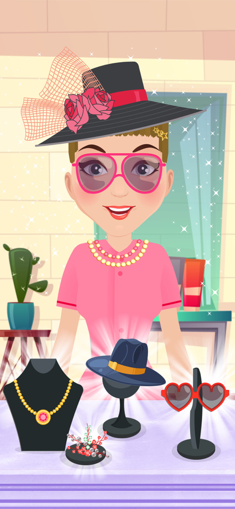 A character in a pink dress and floral hat choosing from jewelry, hats, and sunglasses in a fashion salon game.