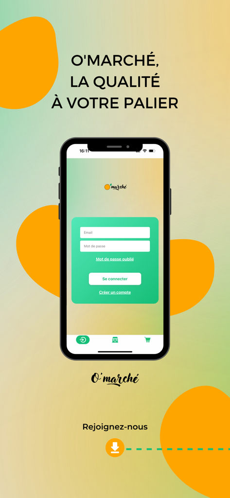O'marché - Login screen of Omarché app for fresh produce delivery in Bordeaux