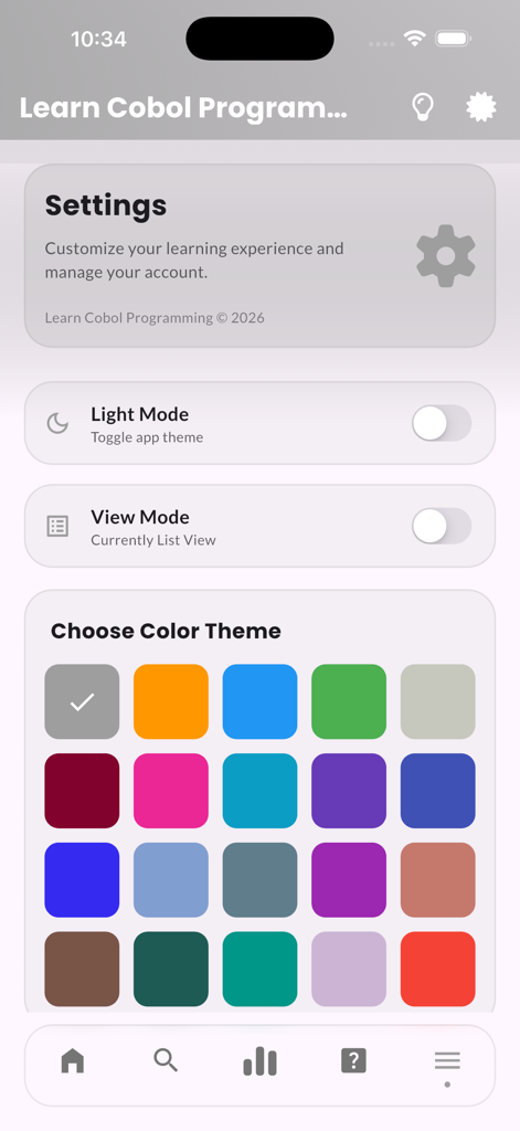 Learn Cobol Programming Pro - Settings screen of the Learn Cobol Programming app showing light mode toggle and a variety of color theme customization options.