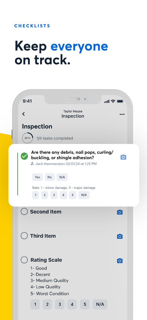 Screenshot of CompanyCam app showing inspection checklists for construction and roofing projects