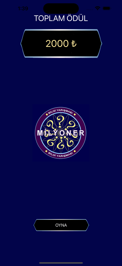 Home screen of the Kim Milyoner Turkish trivia game showing a total prize of 2000 Turkish Lira and a play button.
